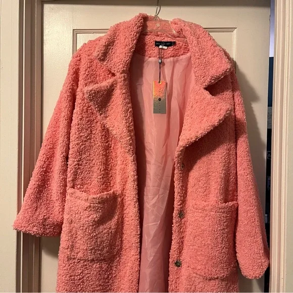 NWT ASOS Daisy Street Oversized Longline Coat Pink Teddy Fleece Size US 8 - Picture 3 of 4